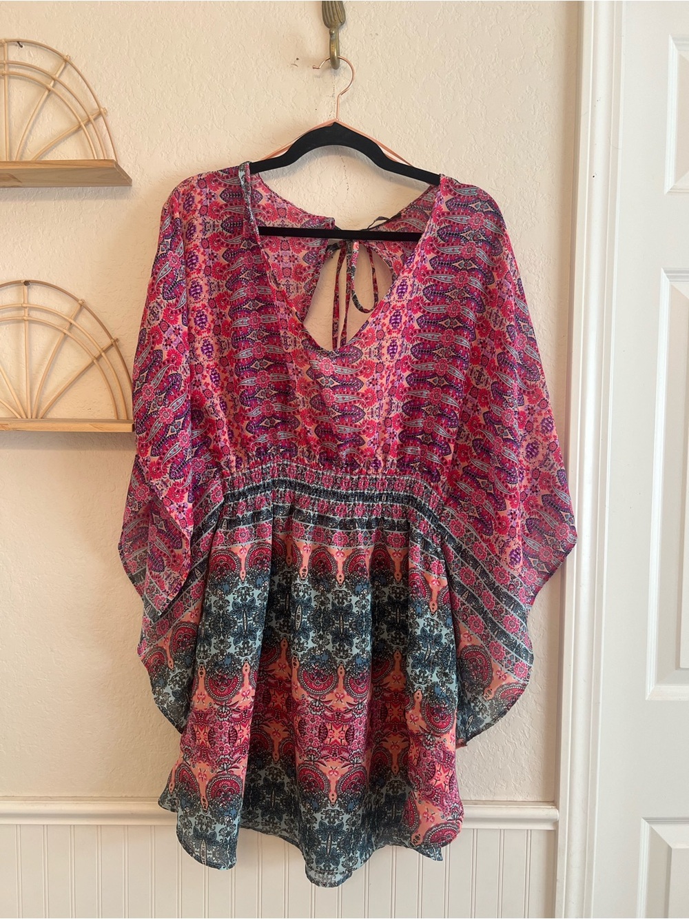 Atmosphere Boho Paisley Sheer Kimono Sleeve Tunic Dress Pink Blue One Size